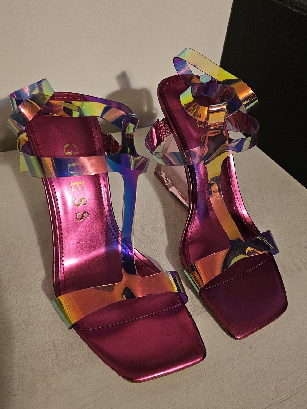 GUESS Women's Holographic Pink Strappy Sandals